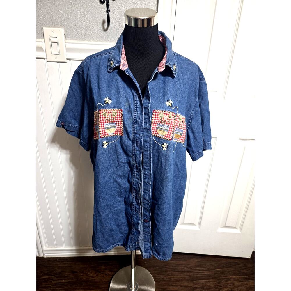 Vintage Bobbie Brooks Womens 22/24 Denim Art Embroidered Bees Tulips